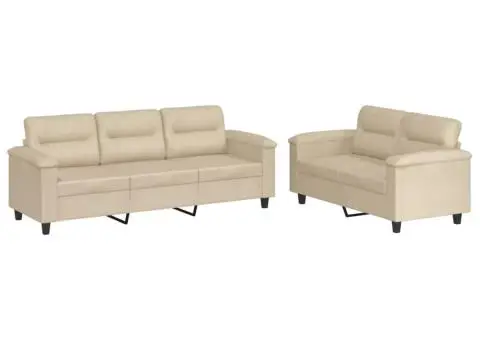 Set de canapele cu perne, 2 piese, crem, microfibră - 2/5