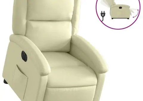 Fotoliu rabatabil electric cu ridicare, crem, piele naturală - 2/5