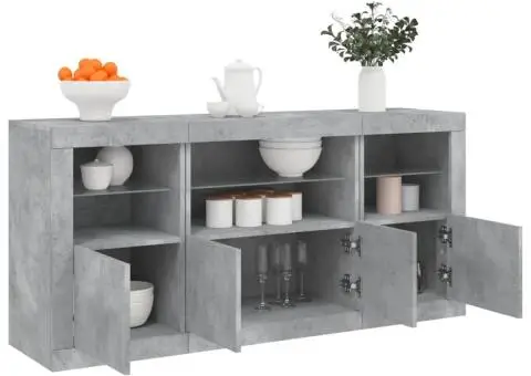 Servantă cu lumini LED, gri beton, 142,5x37x67 cm - 4/5