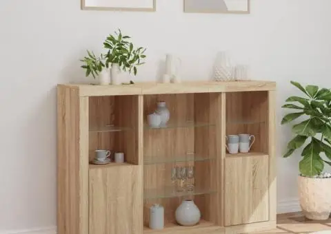 Servantă cu lumini LED, 3 buc., stejar sonoma, lemn prelucrat - 4/5