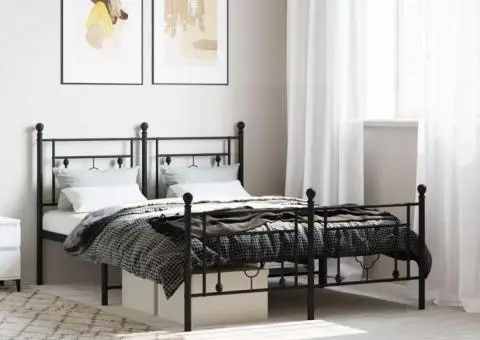 Cadru pat metalic cu tăblie de cap/picioare, negru, 140x200 cm - 1/5