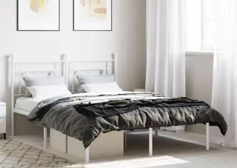 Cadru de pat metalic cu tăblie, alb, 135x190 cm - 1/5