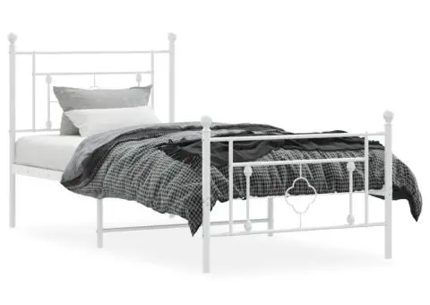 Cadru de pat metalic cu tăblie de cap/picioare, alb, 90x190 cm - 3/5