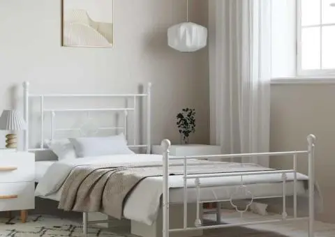 Cadru de pat metalic cu tăblie de cap/picioare, alb, 100x200 cm - 1/5