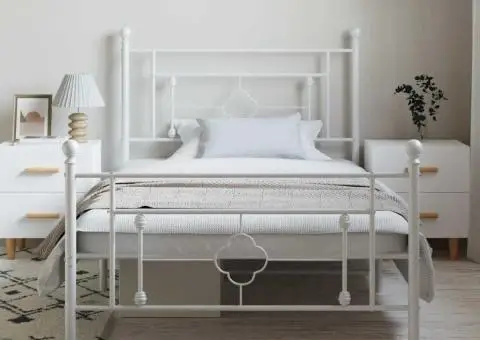 Cadru de pat metalic cu tăblie de cap/picioare, alb, 100x200 cm - 3/5