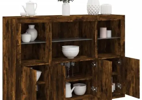 Servantă cu lumini LED, 3 buc., stejar fumuriu, lemn prelucrat - 1/5