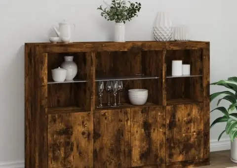 Servantă cu lumini LED, 3 buc., stejar fumuriu, lemn prelucrat - 4/5