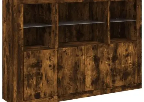 Servantă cu lumini LED, 3 buc., stejar fumuriu, lemn prelucrat - 5/5