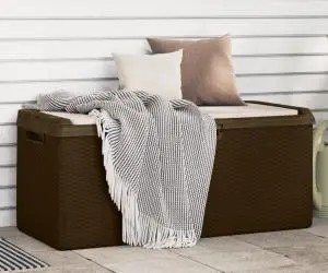 vidaXL Cutie depozitare de grădină cu pernă de șezut, maro, 350 L, PP