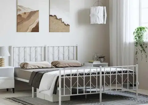 Cadru pat metalic cu tăblie de cap/picioare , alb, 193x203 cm - 1/5