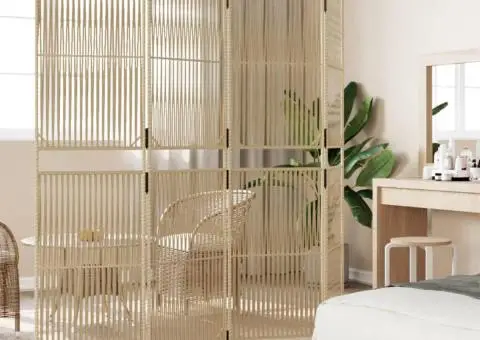 Separator de cameră cu 4 panouri, bej, poliratan - 3/5