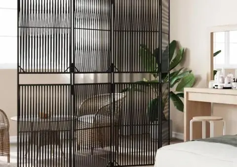 Separator de cameră cu 4 panouri, negru, poliratan - 3/5