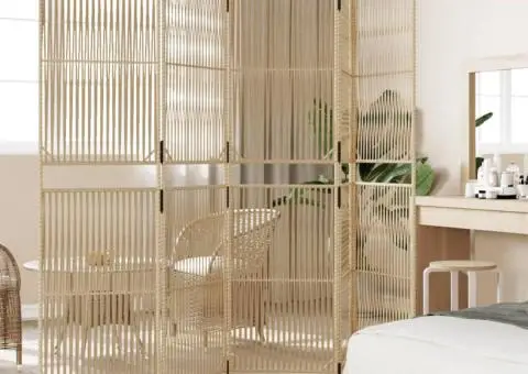 Separator de cameră cu 5 panouri, bej, poliratan - 3/5