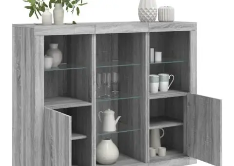 Servantă cu lumini LED, 3 buc., gri sonoma, lemn prelucrat - 1/5