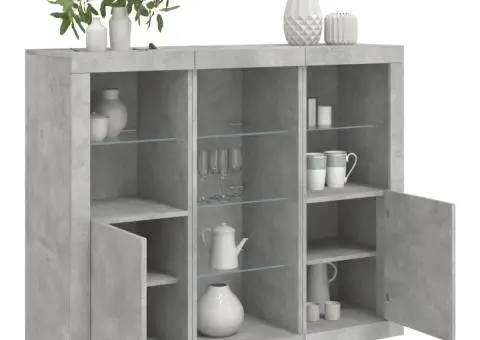 Servantă cu lumini LED, 3 buc., gri beton, lemn prelucrat - 1/5