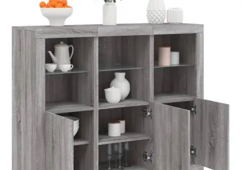 Servantă cu lumini LED, 3 buc., gri sonoma, lemn prelucrat - 1/5