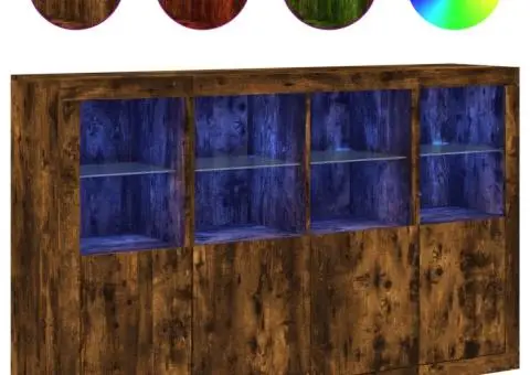 Servantă cu lumini LED, 3 buc., stejar fumuriu, lemn prelucrat - 2/5
