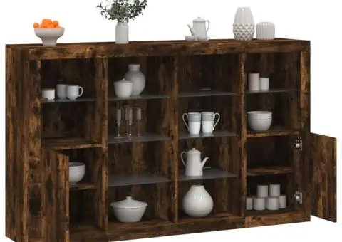 Servantă cu lumini LED, 3 buc., stejar fumuriu, lemn prelucrat - 1/5