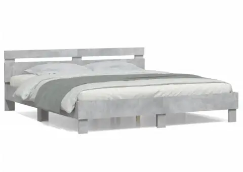 Cadru de pat cu tăblie gri beton 200x200 cm lemn prelucrat - 2/5