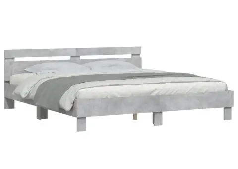 Cadru de pat cu tăblie gri beton 200x200 cm lemn prelucrat - 3/5
