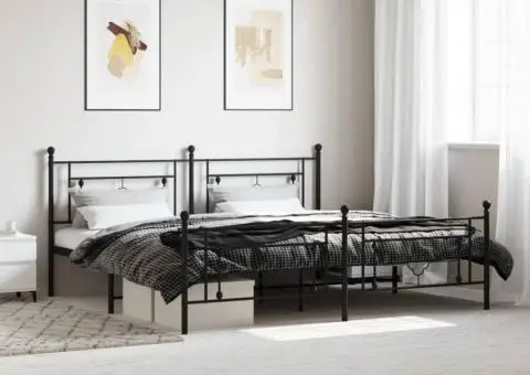 Cadru pat metalic cu tăblii de cap/picioare, negru, 200x200 cm - 1/5