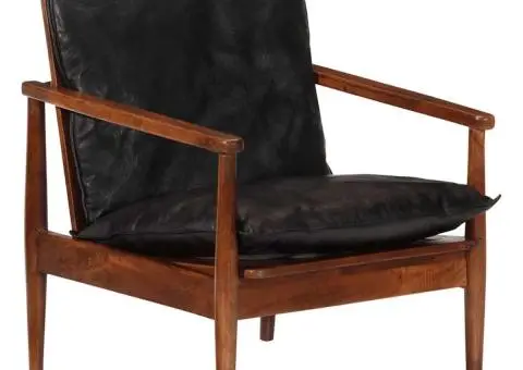 Fotoliu, negru, piele naturală & lemn masiv acacia - 5/5