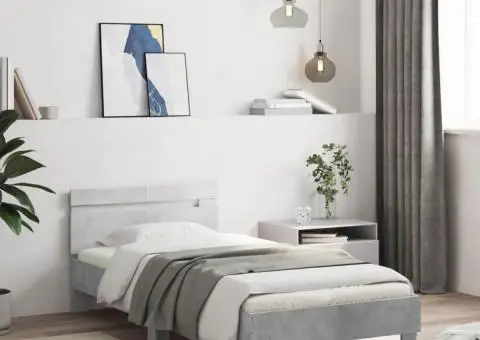 Cadru de pat cu tăblie gri beton 100x200 cm lemn prelucrat - 1/5