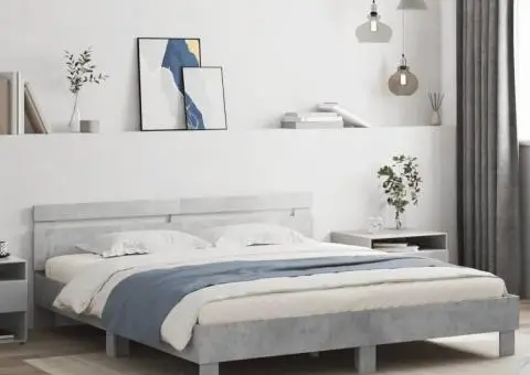 Cadru de pat cu tăblie și LED, gri beton, 160x200 cm - 1/5