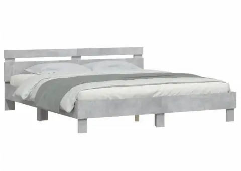 Cadru de pat cu tăblie și LED, gri beton, 160x200 cm - 3/5