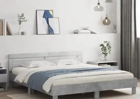 Cadru de pat cu tăblie și LED, gri beton, 200x200 cm - 1/5