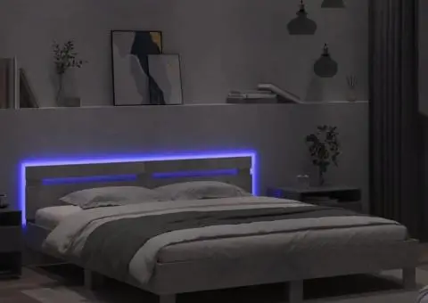 Cadru de pat cu tăblie și LED, gri beton, 200x200 cm - 4/5