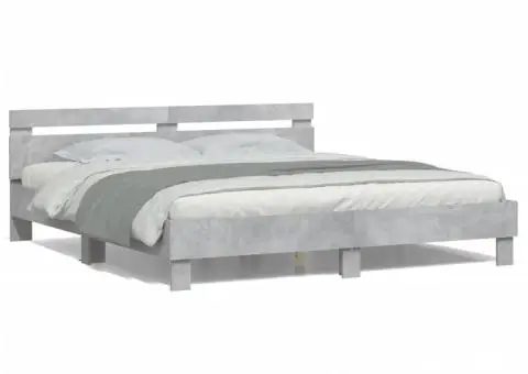 Cadru de pat cu tăblie și LED, gri beton, 200x200 cm - 5/5
