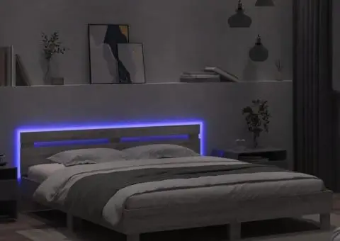 Cadru de pat cu tăblie și LED, gri sonoma, 200x200 cm - 4/5