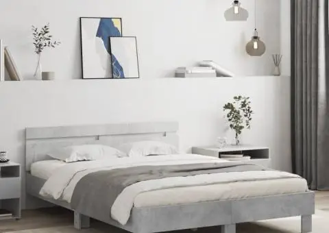 Cadru de pat cu tăblie și LED, gri beton, 150x200 cm - 1/5