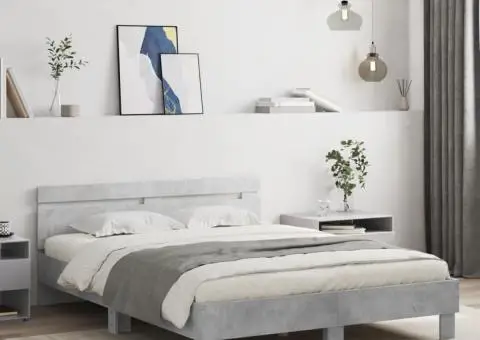 Cadru de pat cu tăblie și LED, gri beton, 140x200 cm - 1/5