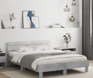 vidaXL Cadru de pat cu tăblie și LED, gri beton, 140x190 cm
