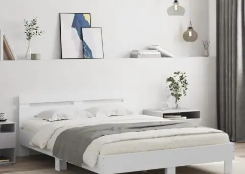 Cadru de pat cu tăblie, alb, 150x200 cm, lemn prelucrat - 1/5