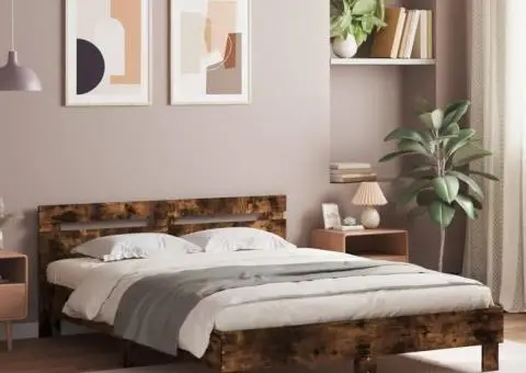 Cadru de pat cu tăblie stejar fumuriu 140x200 cm lemn prelucrat - 1/5