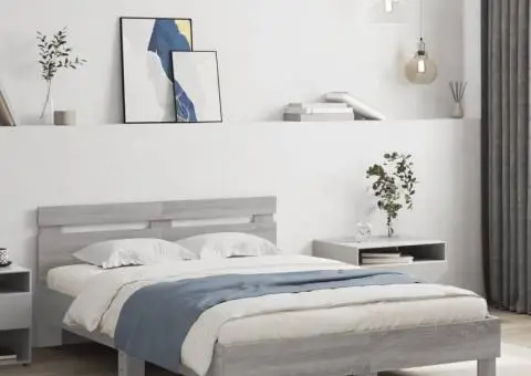 Cadru de pat cu tăblie gri sonoma 120x200 cm lemn prelucrat - 1/5