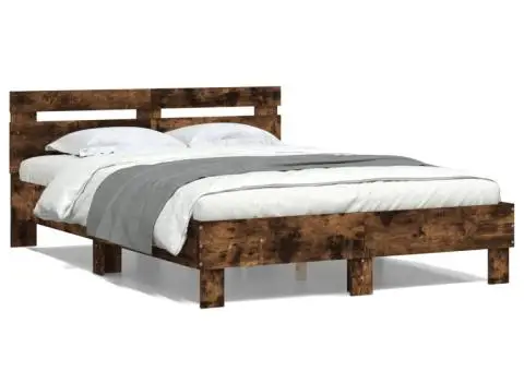 Cadru de pat cu tăblie stejar fumuriu 135x190 cm lemn prelucrat - 2/5