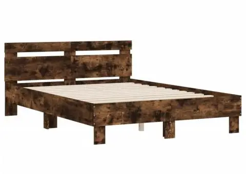 Cadru de pat cu tăblie stejar fumuriu 135x190 cm lemn prelucrat - 3/5