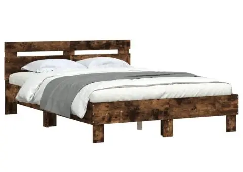 Cadru de pat cu tăblie stejar fumuriu 135x190 cm lemn prelucrat - 4/5