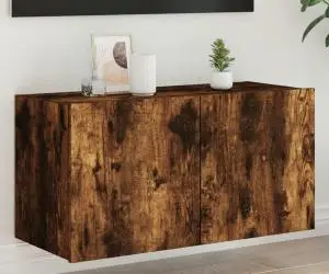 vidaXL Comodă TV de perete cu lumini LED, stejar fumuriu, 80x35x41 cm