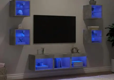Unități TV de perete cu LED-uri 7 piese gri beton lemn compozit - 1/5