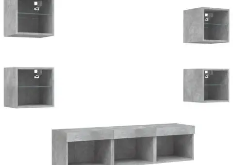 Unități TV de perete cu LED-uri 7 piese gri beton lemn compozit - 5/5