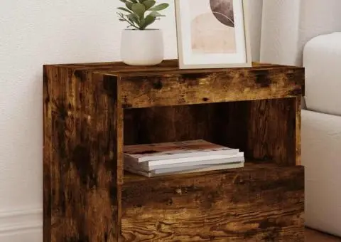 Noptiere cu lumini LED, 2 buc., stejar fumuriu, 50x40x45 cm - 1/5