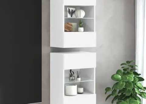 Comode de perete cu lumini LED pentru TV, 2 buc., alb, 40x30x60,5 cm - 1/5