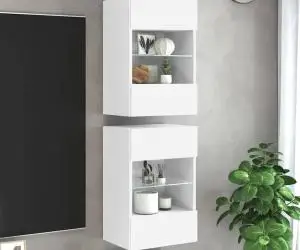 vidaXL Comode de perete cu lumini LED pentru TV, 2 buc., alb, 40x30x60,5 cm