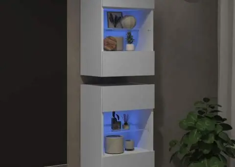 Comode de perete cu lumini LED pentru TV, 2 buc., alb, 40x30x60,5 cm - 3/5