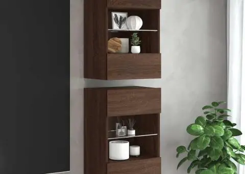 Comode de perete cu lumini LED pentru TV, 2 buc. stejar maro, 40x30x60,5cm - 1/5